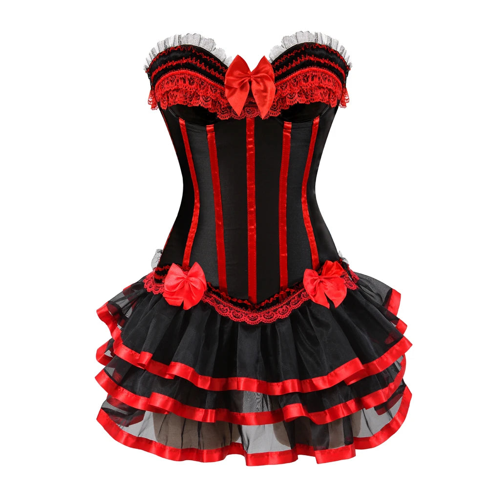 Sexy Red Corset Dress with Straps – Lace-Up Bustier Top & Mini Skirt Set, Showgirl Carnival Party Costume for Women