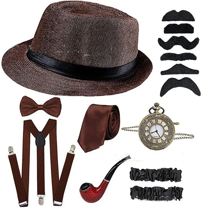 Roaring 20s Gatsby Gangster Accessory Kit – Vintage Panama Hat, Bow Tie & Suspenders for Dashing 1920s Cosplay or Speakeasy Style