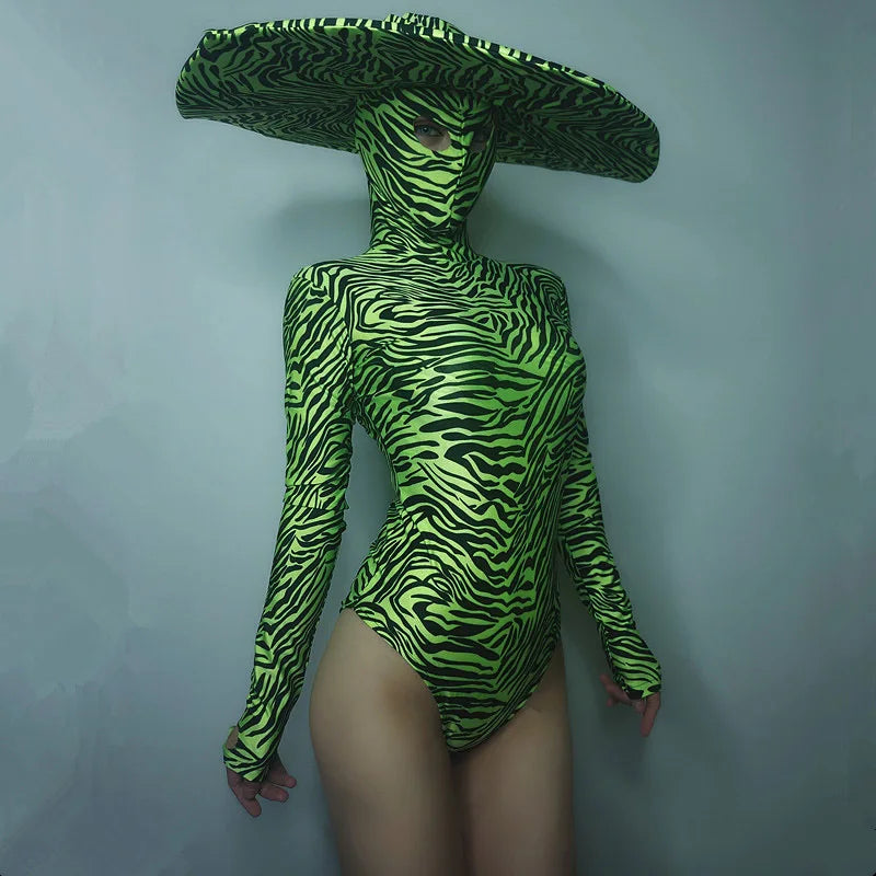 Lady Gaga-Inspired Sexy Gogo Costume – Women's Green & Black Zebra Stripe Bodysuit for Nightclub, DJ, Dance Performance, Rave Outfit