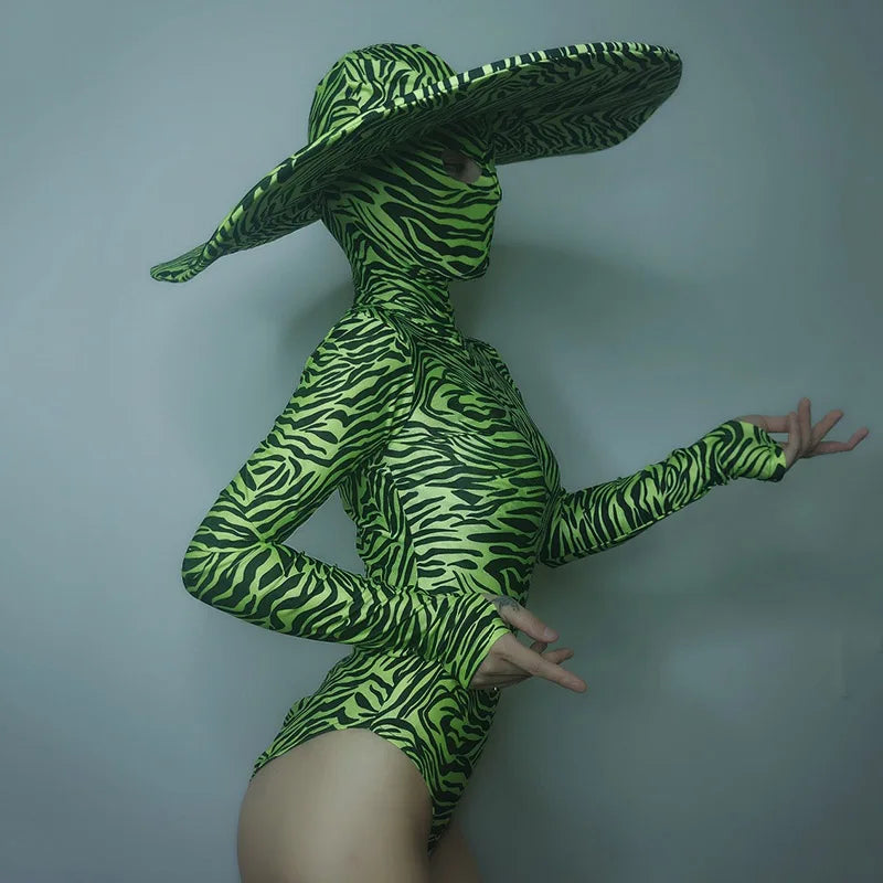 Lady Gaga-Inspired Sexy Gogo Costume – Women's Green & Black Zebra Stripe Bodysuit for Nightclub, DJ, Dance Performance, Rave Outfit