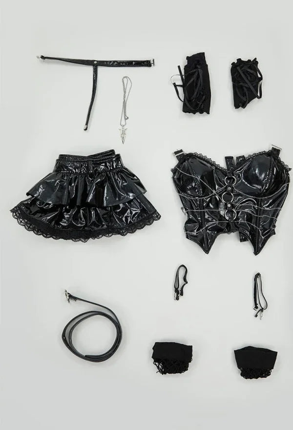 Sexy Gothic Misa Lingerie Set – Black Cami Top, Mini Skirt, Sleeves & Choker Cosplay Costume