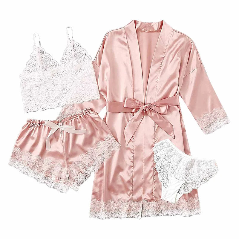Luxury 4-Piece Satin & Lace Sleepwear Set – Sensual Summer Nightwear for Women