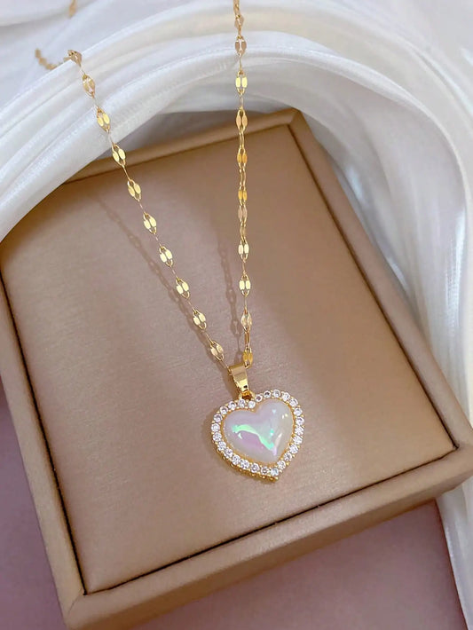 Golden Pearl Heart Necklace with Crystal Pendant