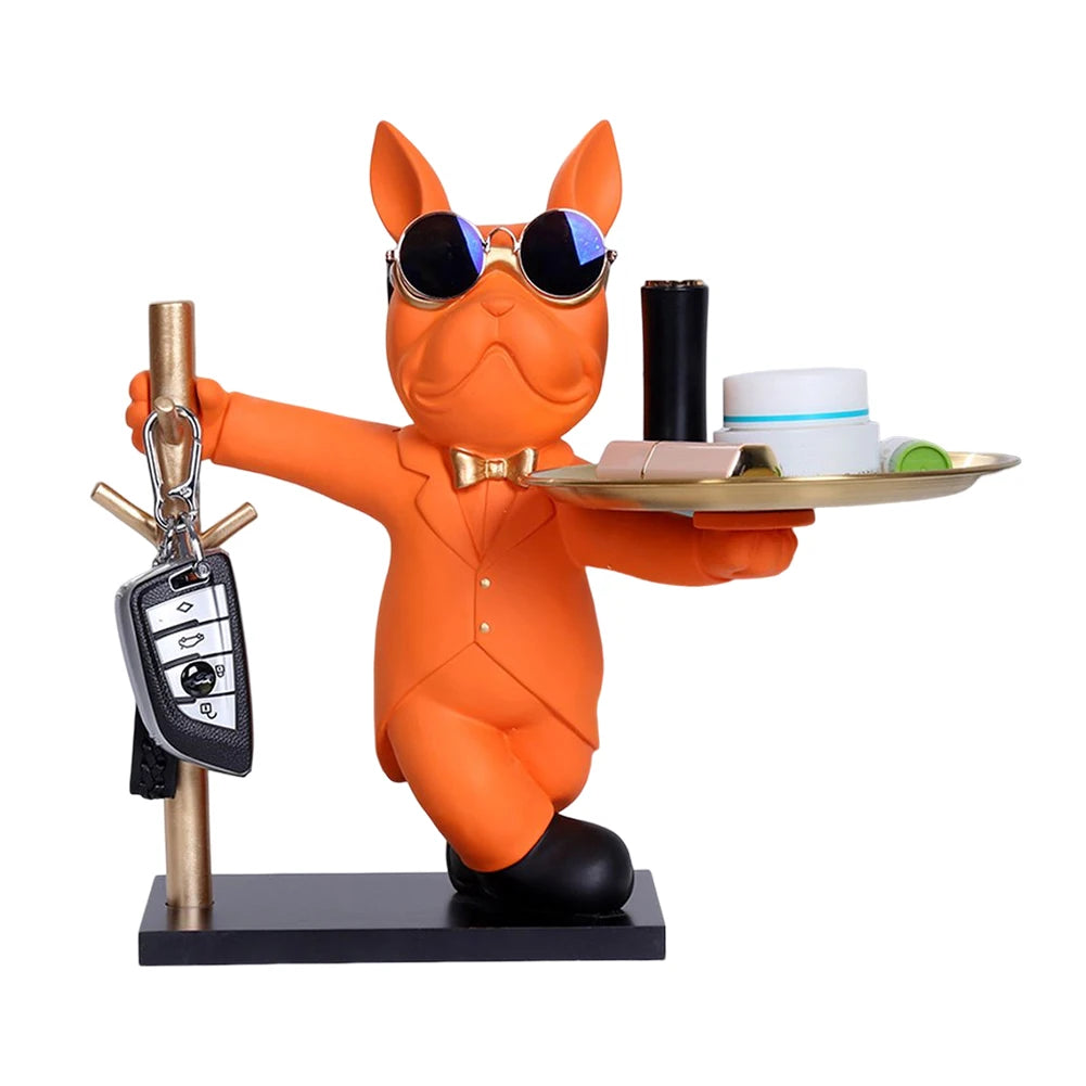 Bulldog Teddy “Cool Butler” Sculpture – Resin Dog Ornament with Storage Tray | Nordic Table Decor & Coin Piggy Bank
