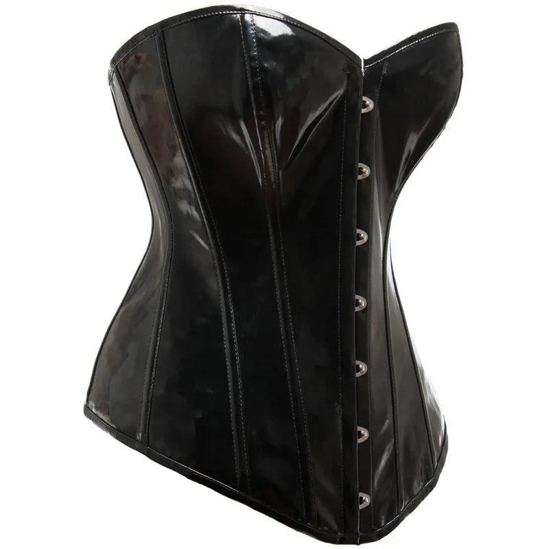 Shiny Black PVC Corset Top – Glossy PU Leather Bustier Body Shaper for Women, Showgirl Costume