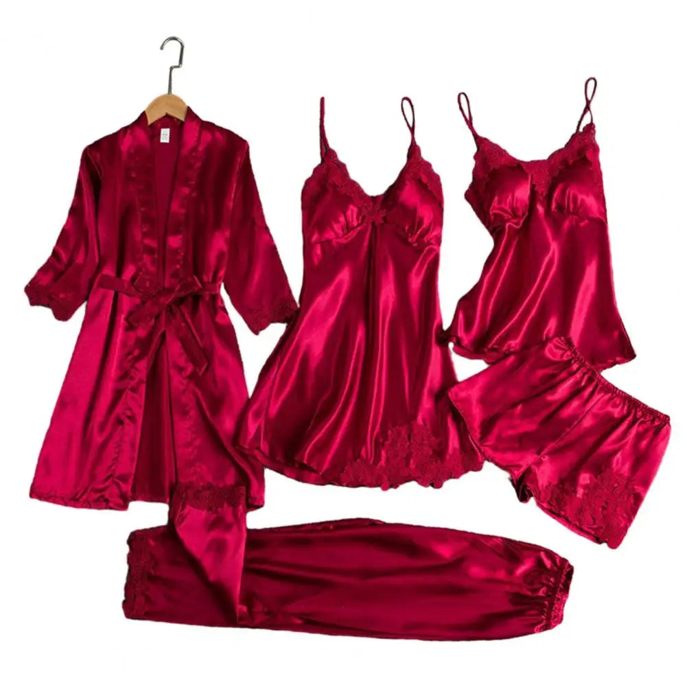 Elegant Women's 5-Piece Satin Pajama Set – Lightweight Lace Sleepwear with Robe, Dress, Top, Shorts & Pants