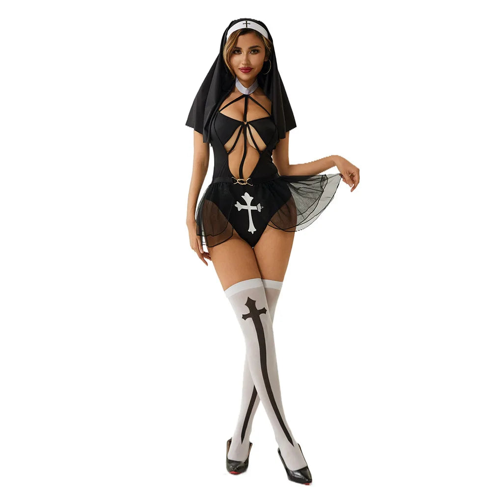 Anime Girl Nun Costume – Women’s Cross Bodysuit Outfit for Halloween & Cosplay