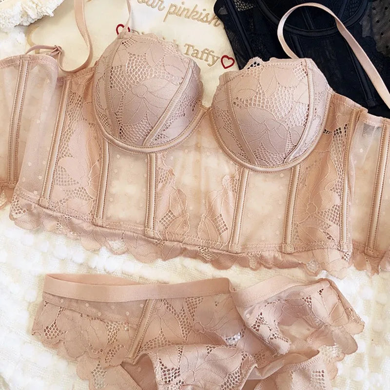 French Lace Dobby Corset Lingerie Set – Soft Bra & Panties for Women, Romantic Wedding Body Shaper & Cropped Top Underwear