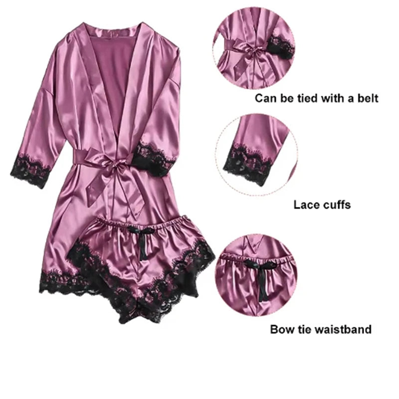 Luxury 4-Piece Satin & Lace Sleepwear Set – Sensual Summer Nightwear for Women