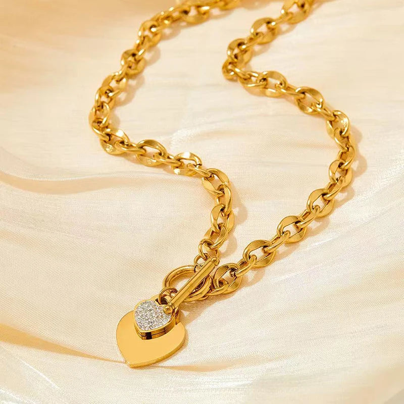 Elegant 3-Color Double Heart Necklace & Bracelet Set – Stainless Steel, Gold/Silver, Waterproof Crystal Jewellery for Women