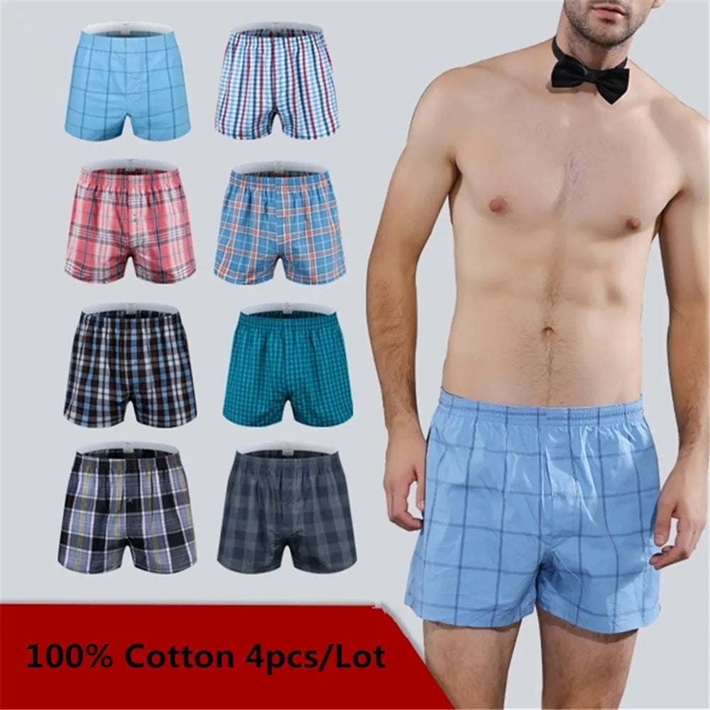 Classic Plaid Cotton Boxers – Men’s 4PCS Plus Size