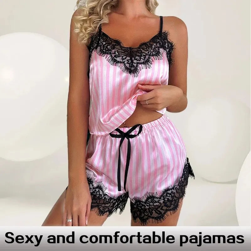 Sexy Lace Sleeveless Paiamas for Women – V-Neck Top & Shorts Set