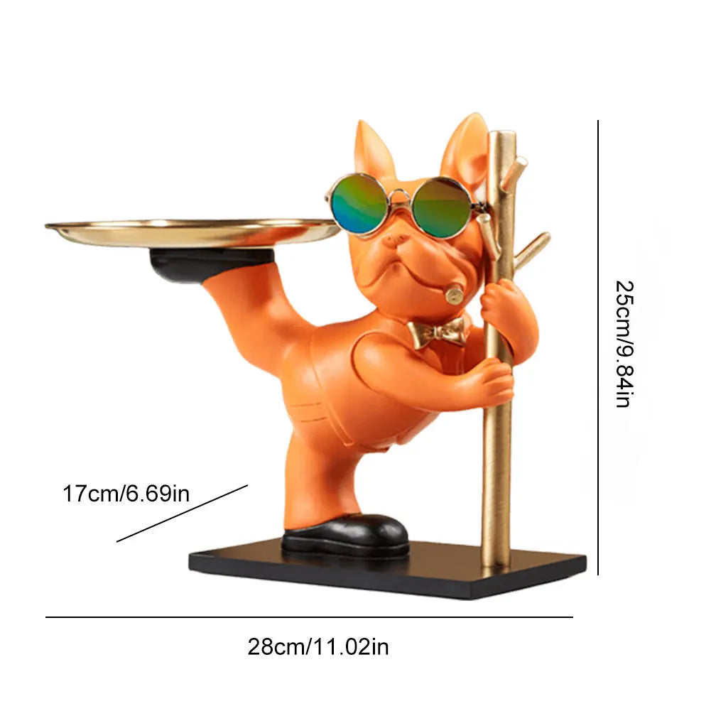 Bulldog Teddy “Cool Butler” Sculpture – Resin Dog Ornament with Storage Tray | Nordic Table Decor & Coin Piggy Bank