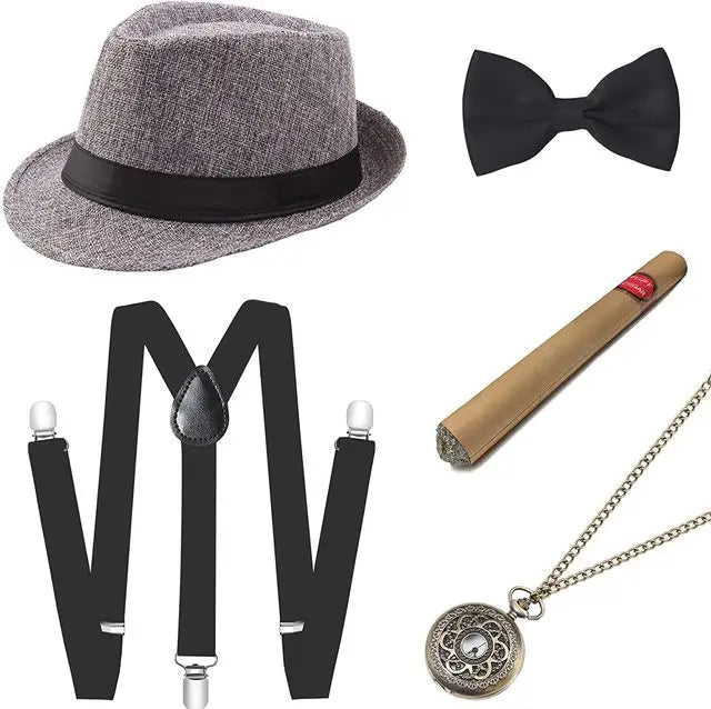 Roaring 20s Gatsby Gangster Accessory Kit – Vintage Panama Hat, Bow Tie & Suspenders for Dashing 1920s Cosplay or Speakeasy Style