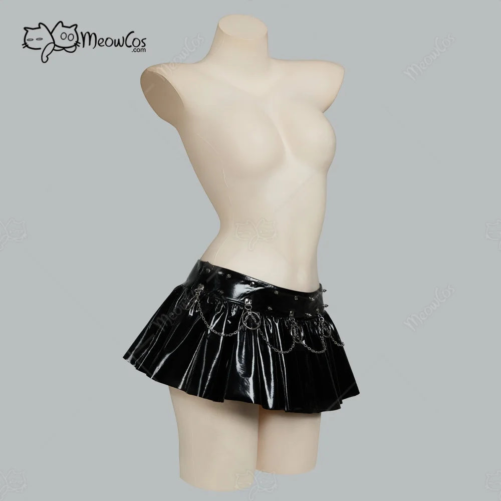 Women's Ultra-Short Gothic Mini Skirt – Black Shiny Faux Leather with Chains