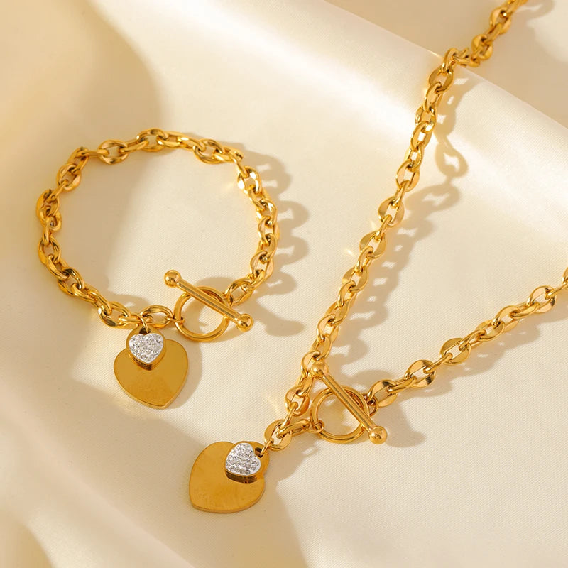 Elegant 3-Color Double Heart Necklace & Bracelet Set – Stainless Steel, Gold/Silver, Waterproof Crystal Jewellery for Women