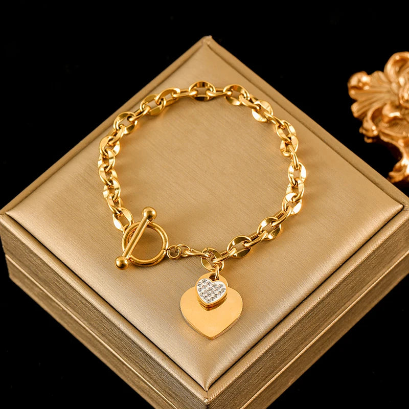 Elegant 3-Color Double Heart Necklace & Bracelet Set – Stainless Steel, Gold/Silver, Waterproof Crystal Jewellery for Women