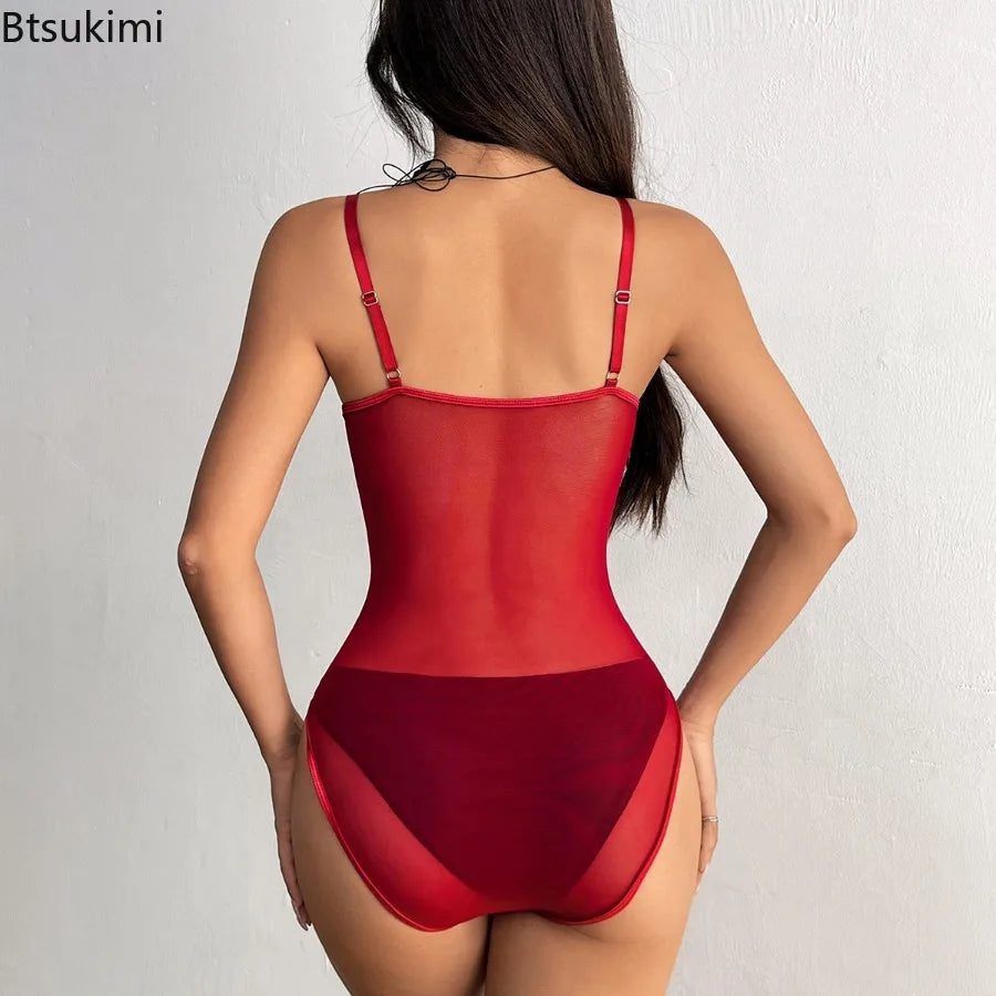 Seductive Sheer Bodysuit – Alluring See-Through Mesh with Halter Neck, Curve-Hugging Shapewear Fit, Thong Back, and Corset-Inspired Design