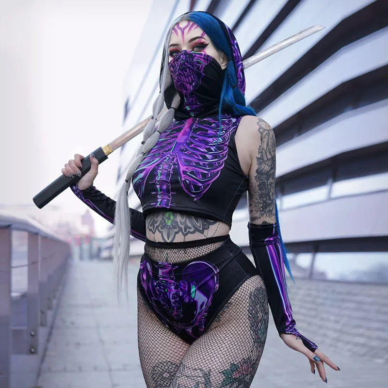 Women’s Cyberpunk Skeleton Print Two-Piece – Psychedelic Skull Crop Top & Shorts Set for Halloween, Raves & Dance Cosplay