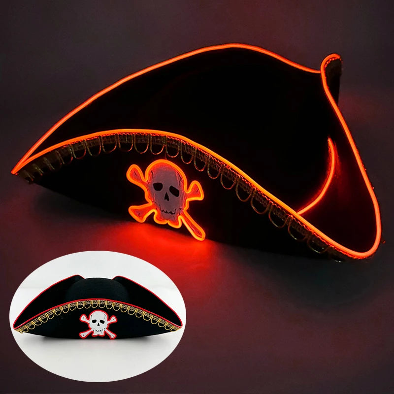 Glowing LED Pirate Hat – Black Skull Cap for Adults – Light-Up Halloween & Pirate Theme Party Costume Accessory