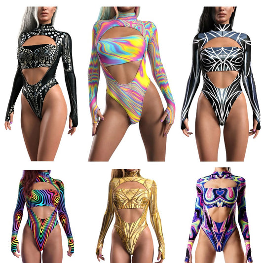 Choice of colours - Sexy Women’s Graffiti Art Bodysuit – Open-Heart Leotard Tights Jumpsuit for Carnival, Party, Cosplay & Swimwear