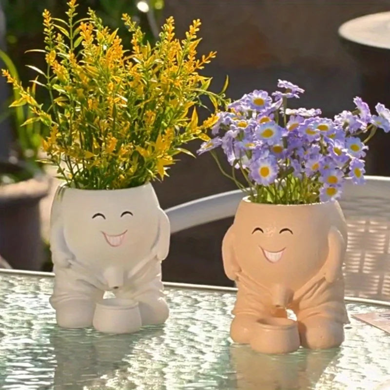 Human Face Flower Pot – Unique Fun Head Planter Vase with Drainage for Outdoor Plants, Garden, Patio, and Office Decor Funny Gift Present Peeing Boy