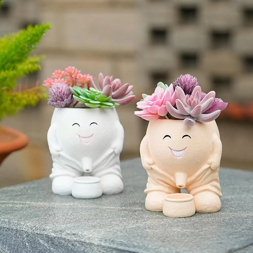 Human Face Flower Pot – Unique Fun Head Planter Vase with Drainage for Outdoor Plants, Garden, Patio, and Office Decor Funny Gift Present Peeing Boy