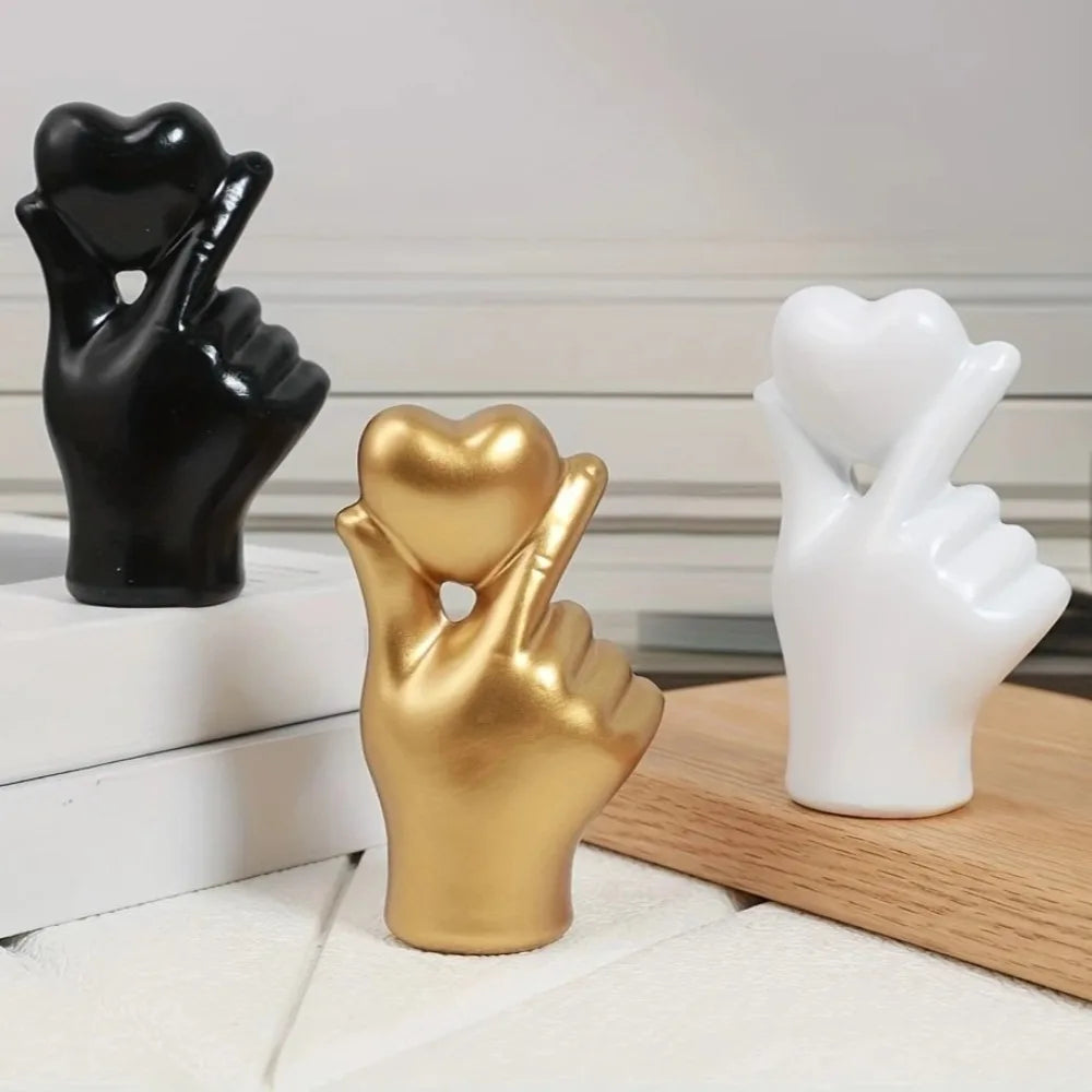 Luxury Heart Hand Gesture Sculpture – Modern Resin Desktop Ornament | Love Finger Art for Home, Office & Shelf Decor
