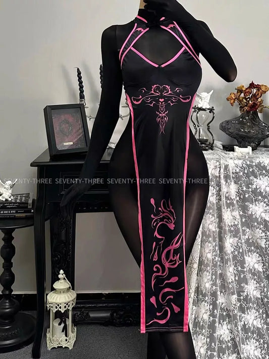 Sexy Retro Cheongsam Bodysuit & High-Slit Dress – Devilish Fairy Totem Demon Costume for Halloween & Cosplay