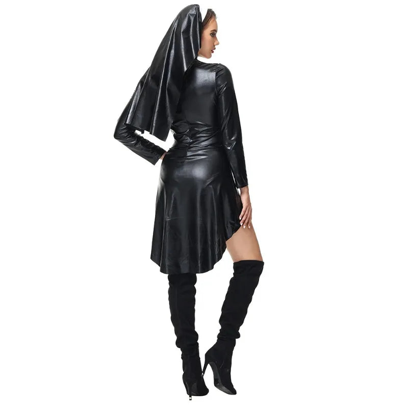 Sexy Sultry Patent Leather Jumpsuit – Naughty Nun Cosplay Outfit for Women | Festival & Roleplay Costume