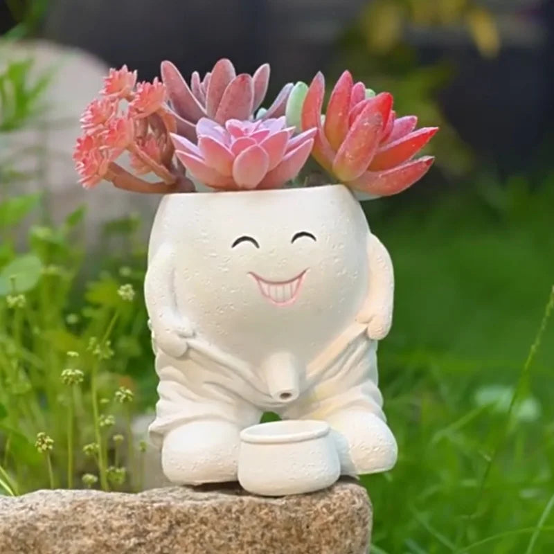 Human Face Flower Pot – Unique Fun Head Planter Vase with Drainage for Outdoor Plants, Garden, Patio, and Office Decor Funny Gift Present Peeing Boy