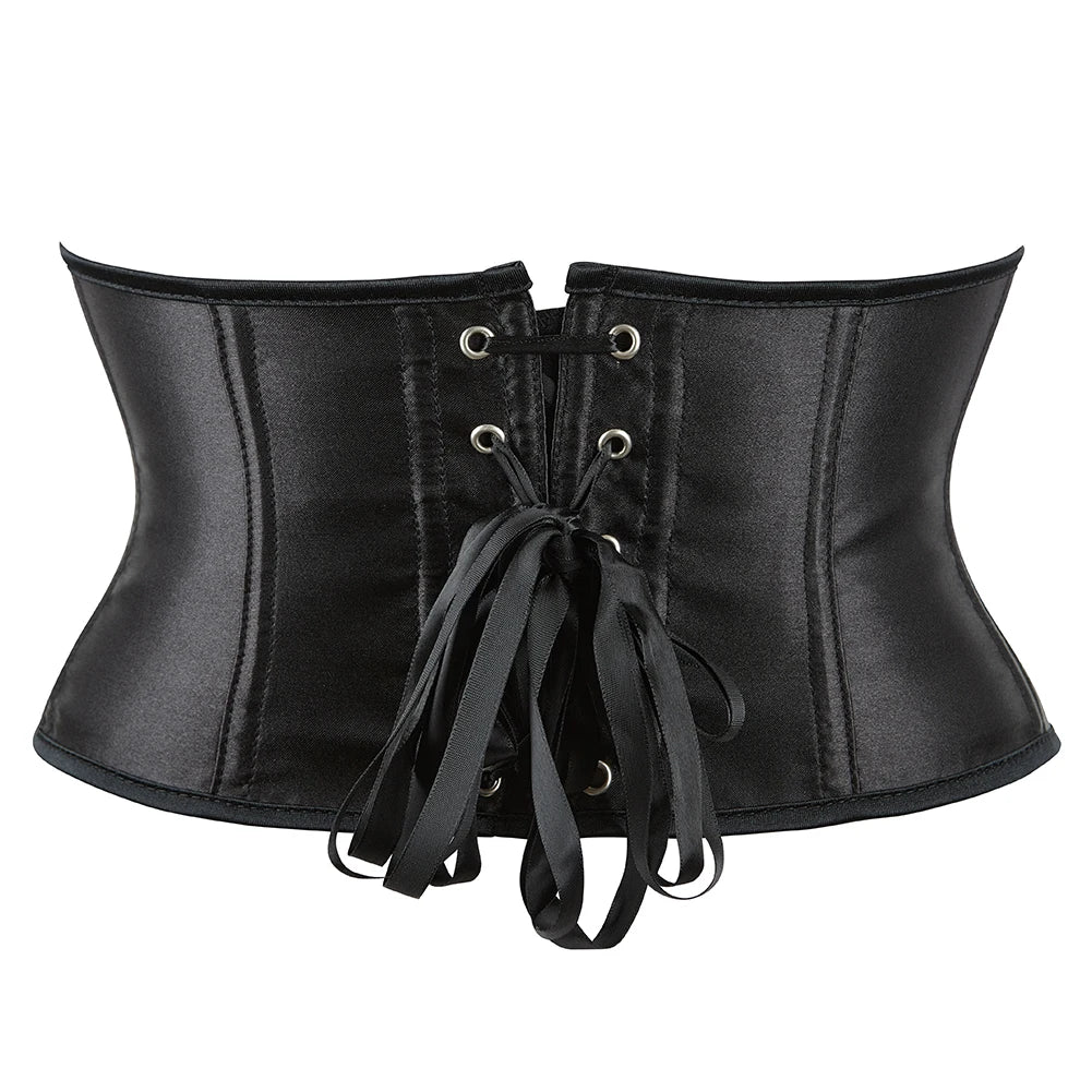 Black Satin Underbust Waist Trainer Corset – Short Torso Cincher Belt Shapewear