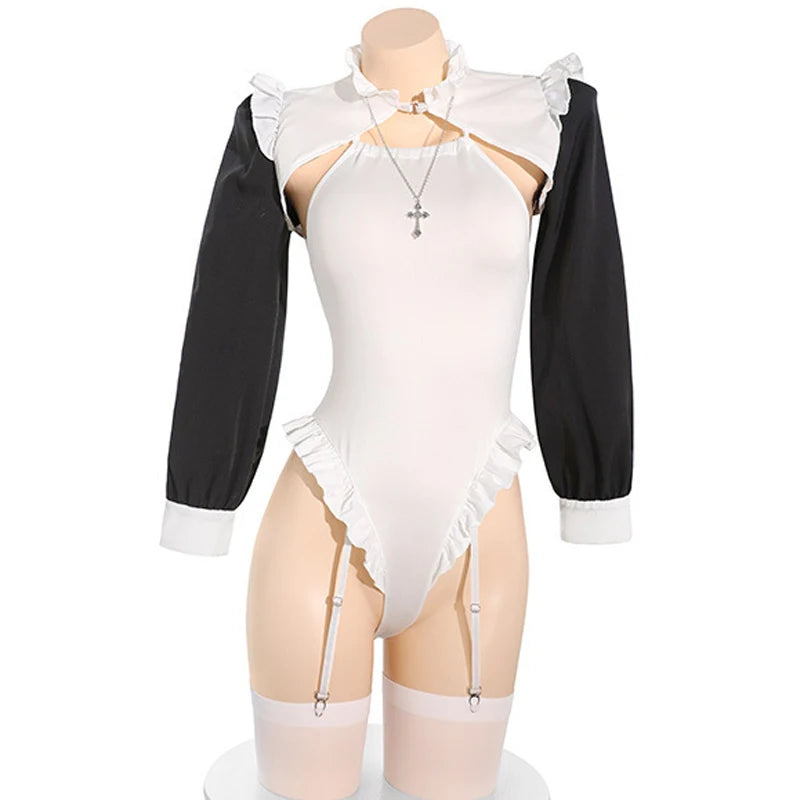 Anime Game-Inspired Nun & Maid Bodysuit – Women’s Convent Cosplay Costume for Halloween & Dress-Up
