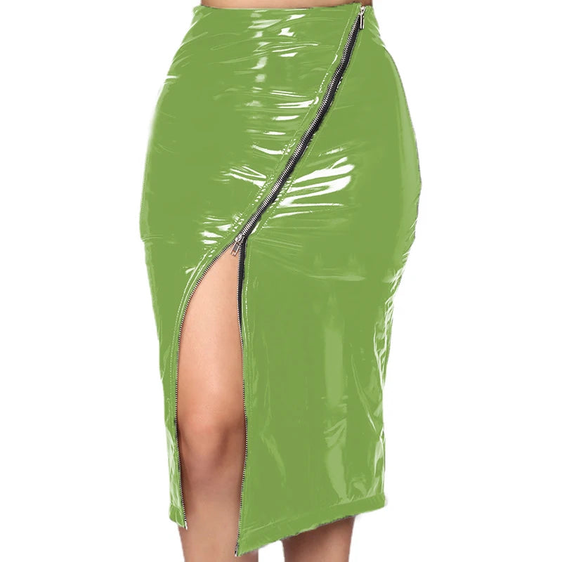 Seductive Women’s Full Zip Faux Leather PVC Pencil Skirt – High-Waisted Latex Skirt in 5XL, 6XL, 7XL for Nightclub & Party