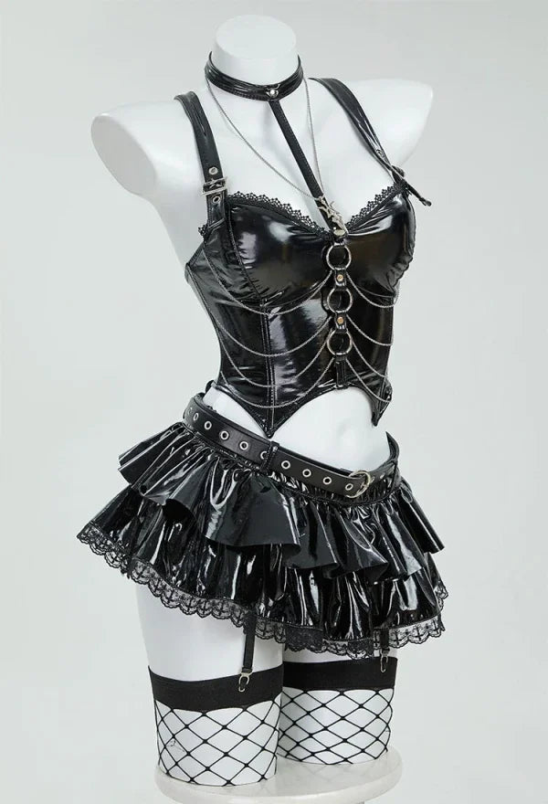 Sexy Gothic Misa Lingerie Set – Black Cami Top, Mini Skirt, Sleeves & Choker Cosplay Costume