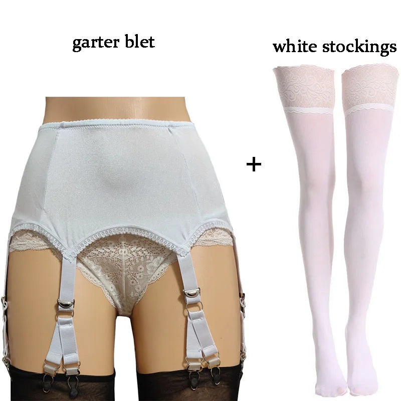 Vintage Sexy Women’s Garter Belt with Lace Stockings – Retro High-Waisted Suspender Belt with 6 Straps & 12 Claws