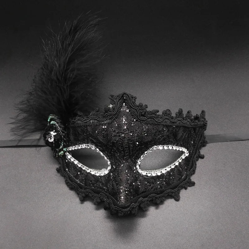 Seductive Lace & Feather Mask – Elegant Half Face Cover for Cosplay, Masquerades & Party Costumes