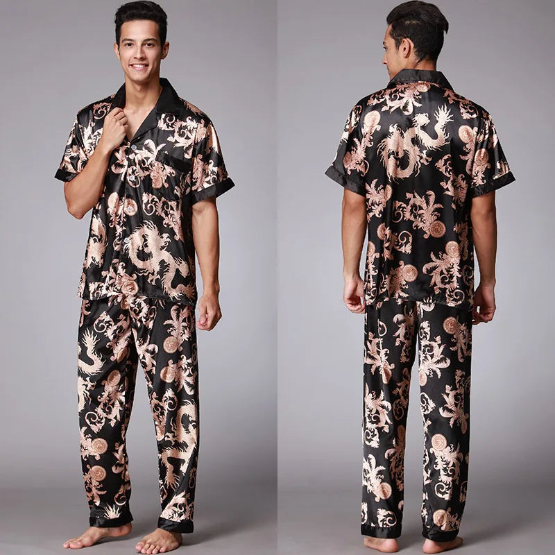 Luxury Comfort – Dragon Print Satin Pijamas for Men