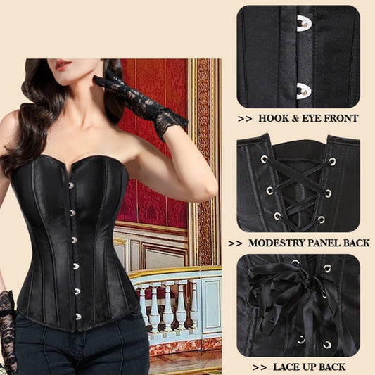 BurVogue Sexy Lace-Up Overbust Corset Lingerie Set – Black Satin Bustier Top & Waist Cincher Shapewear for Women