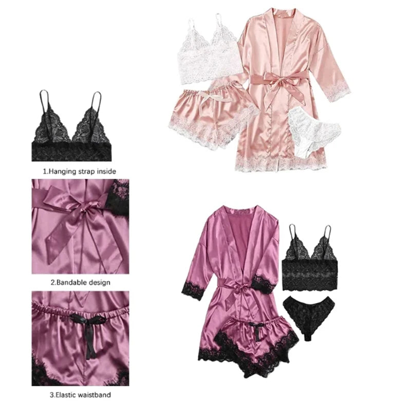 Luxury 4-Piece Satin & Lace Sleepwear Set – Sensual Summer Nightwear for Women