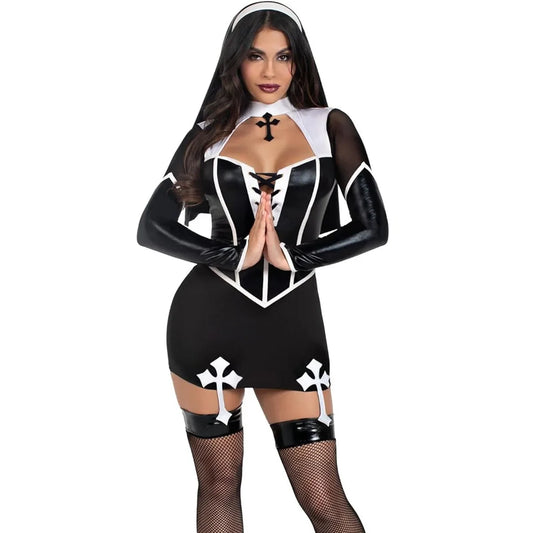 Sexy PU Leather Halloween Costume – Women's Long Sleeve Cut-Out Cosplay Dress (Maid/Nun Inspired)