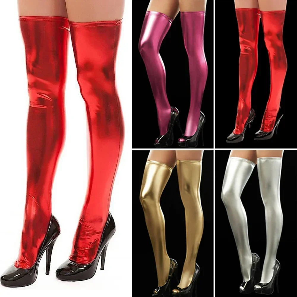 Women’s Exotic PU Leather Wet-Look Leggings – Sexy Over-the-Knee Thigh-High Clubwear Stockings