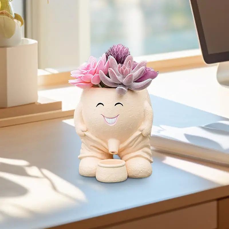Human Face Flower Pot – Unique Fun Head Planter Vase with Drainage for Outdoor Plants, Garden, Patio, and Office Decor Funny Gift Present Peeing Boy