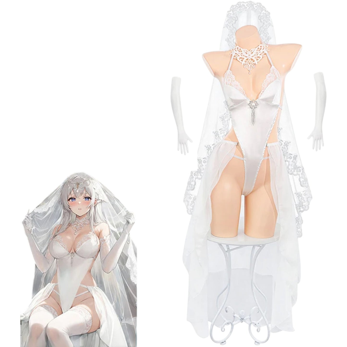Sexy Anime Bride Costume – Women’s Lace Wedding Dress Bodysuit with Veil for Cosplay & Roleplay