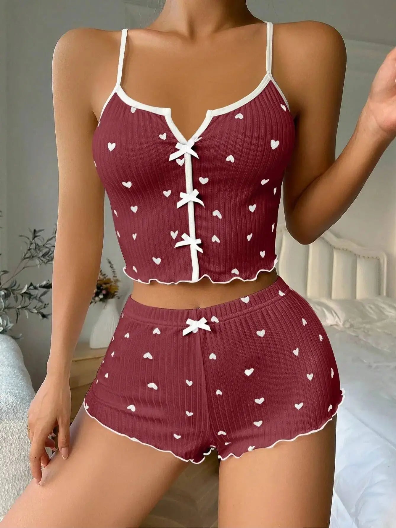 Heart Print Satin Sleepwear for Women – Sleeveless V-Neck Cami Top & Shorts Set