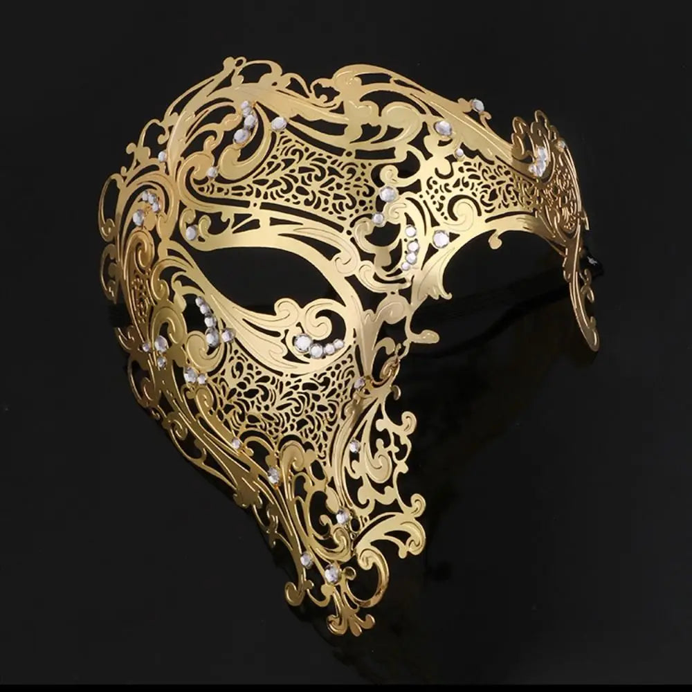 Black & Gold Skull Metal Mask – Rhinestone-Embellished Venetian Masquerade Half-Face Mask for Men & Women
