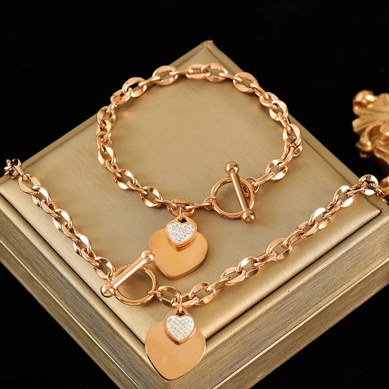 Elegant 3-Color Double Heart Necklace & Bracelet Set – Stainless Steel, Gold/Silver, Waterproof Crystal Jewellery for Women