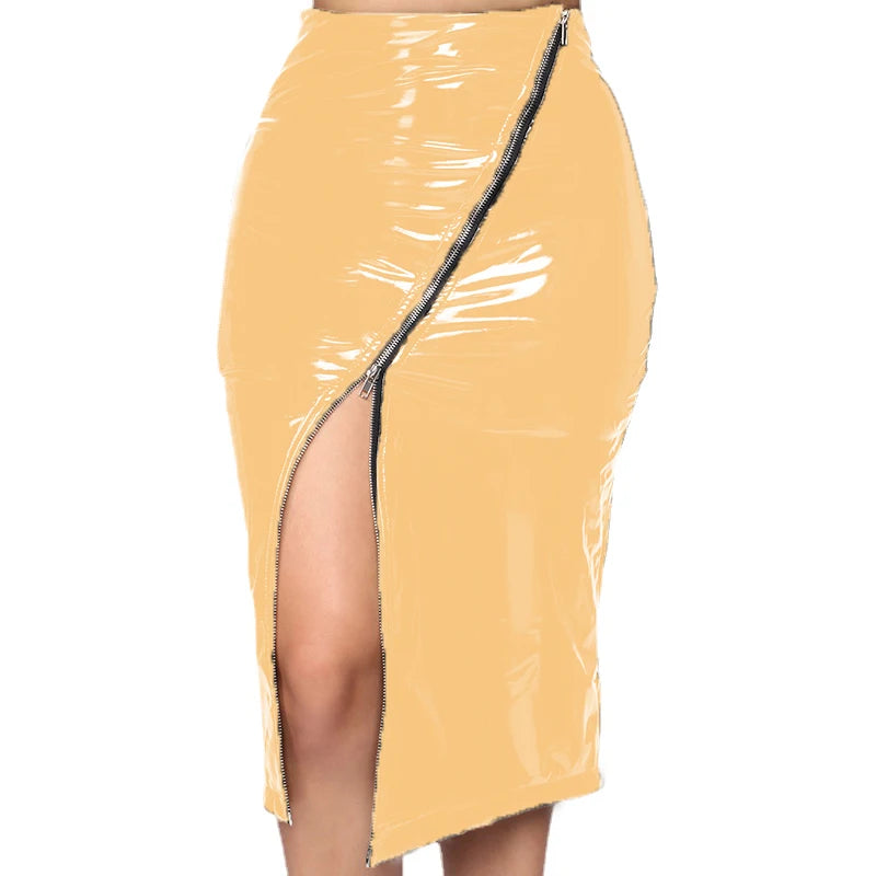 Seductive Women’s Full Zip Faux Leather PVC Pencil Skirt – High-Waisted Latex Skirt in 5XL, 6XL, 7XL for Nightclub & Party