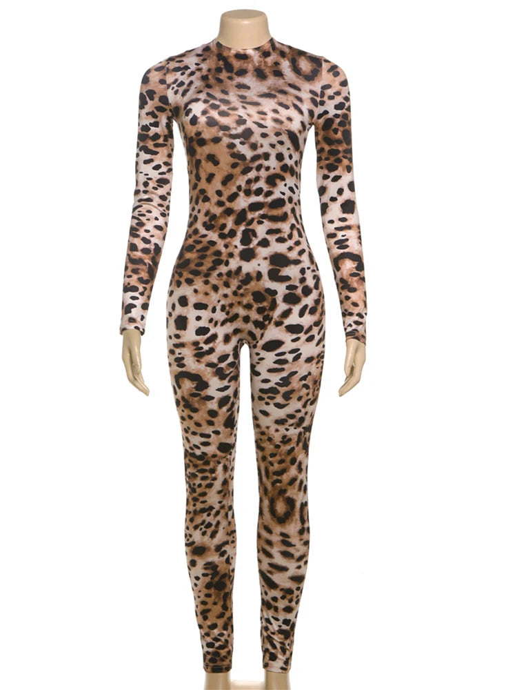 Leopard Print Zip-Up Jumpsuit for Women – Long Sleeve Stretch Fitness Romper