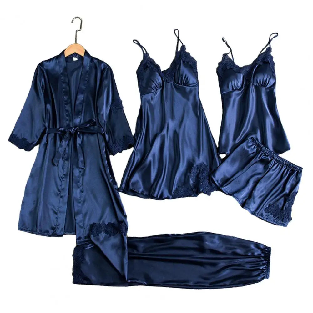 Elegant Women's 5-Piece Satin Pajama Set – Lightweight Lace Sleepwear with Robe, Dress, Top, Shorts & Pants